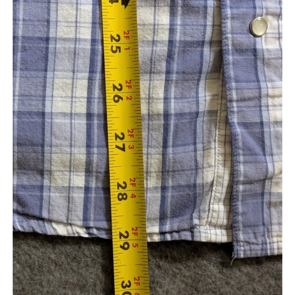 Levi's The Two Horse Brand Shirt Men's XL White Blue Plaid Tab Sleeve Pearl Snap
